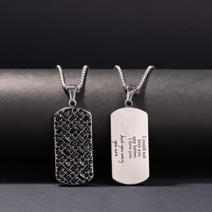 Silver engraved dog tag necklace with black diamond accent for men
