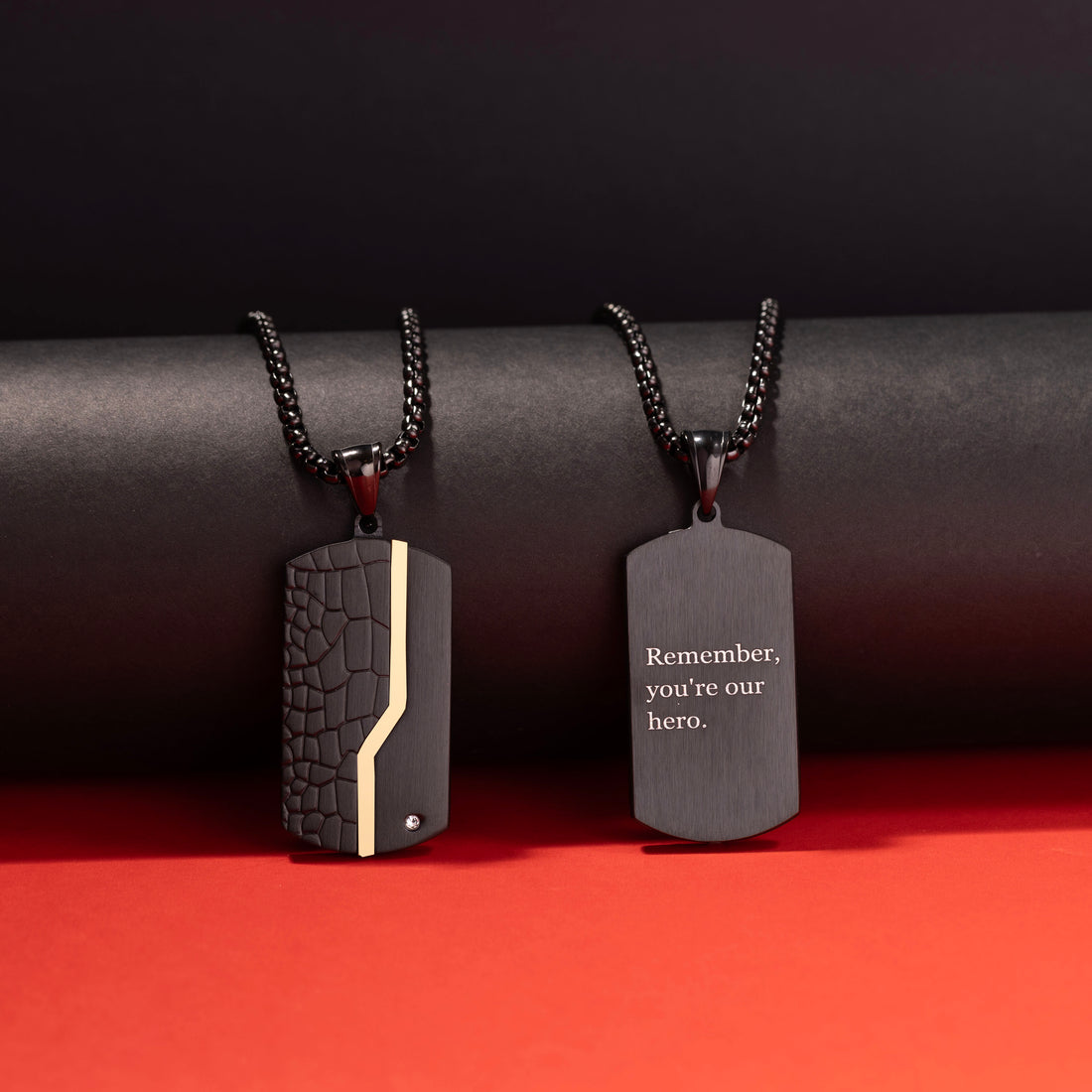 Men’s custom engraved necklace in Black and gold with personalized name pendant