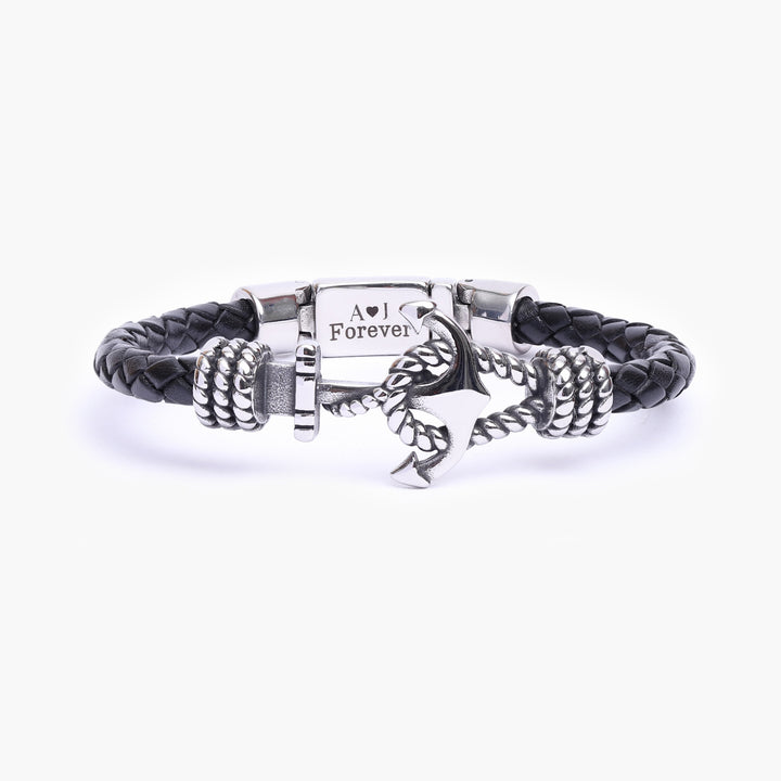 Bracelet en cuir personnalisé avec message caché et ancre pour homme