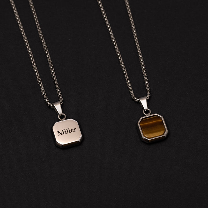 Custom men’s pendant necklace with Tiger Eye stone and engraved gift for men