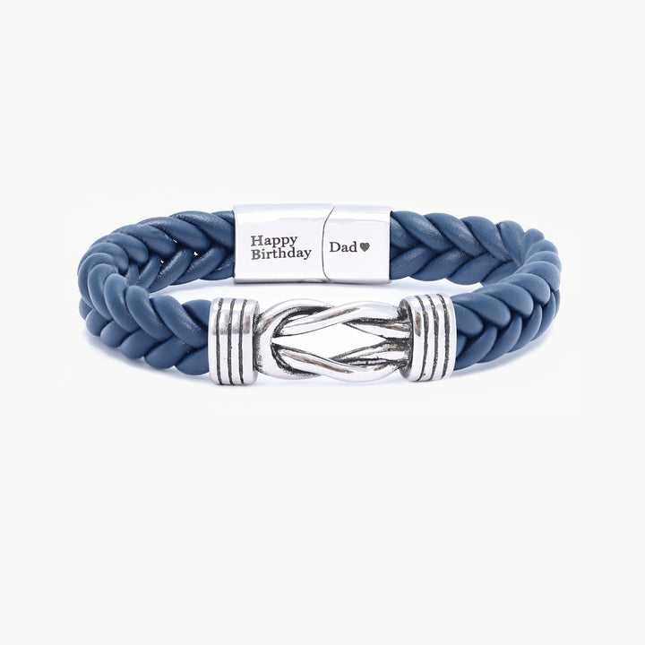 Bracelet nœud infini en cuir bleu avec gravure personnalisée