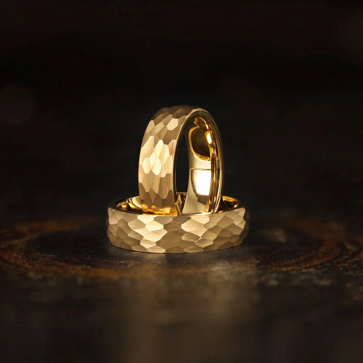 gold hammered wedding band for men with a modern textured finish