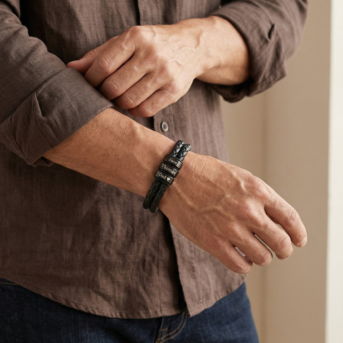 Men's Leather Bracelet with Family Names - Black