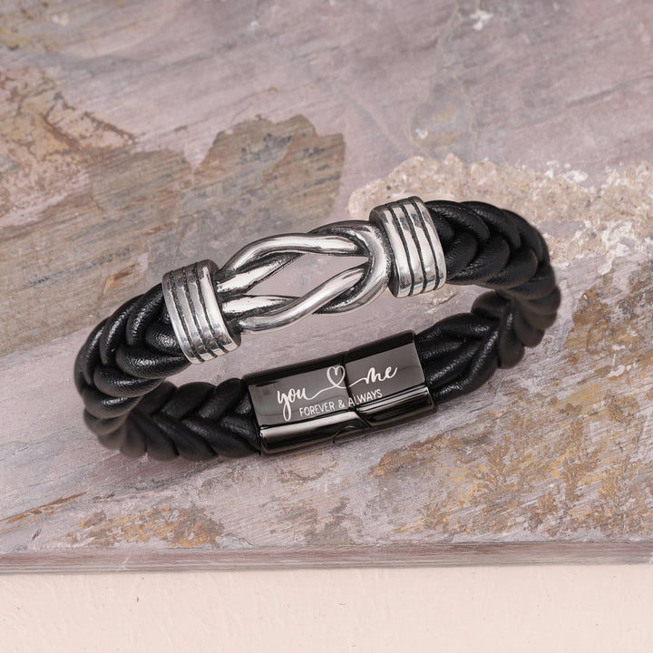 Infinity Knot Bracelet with heart symbols and words engraving, a meaningful accessory for men