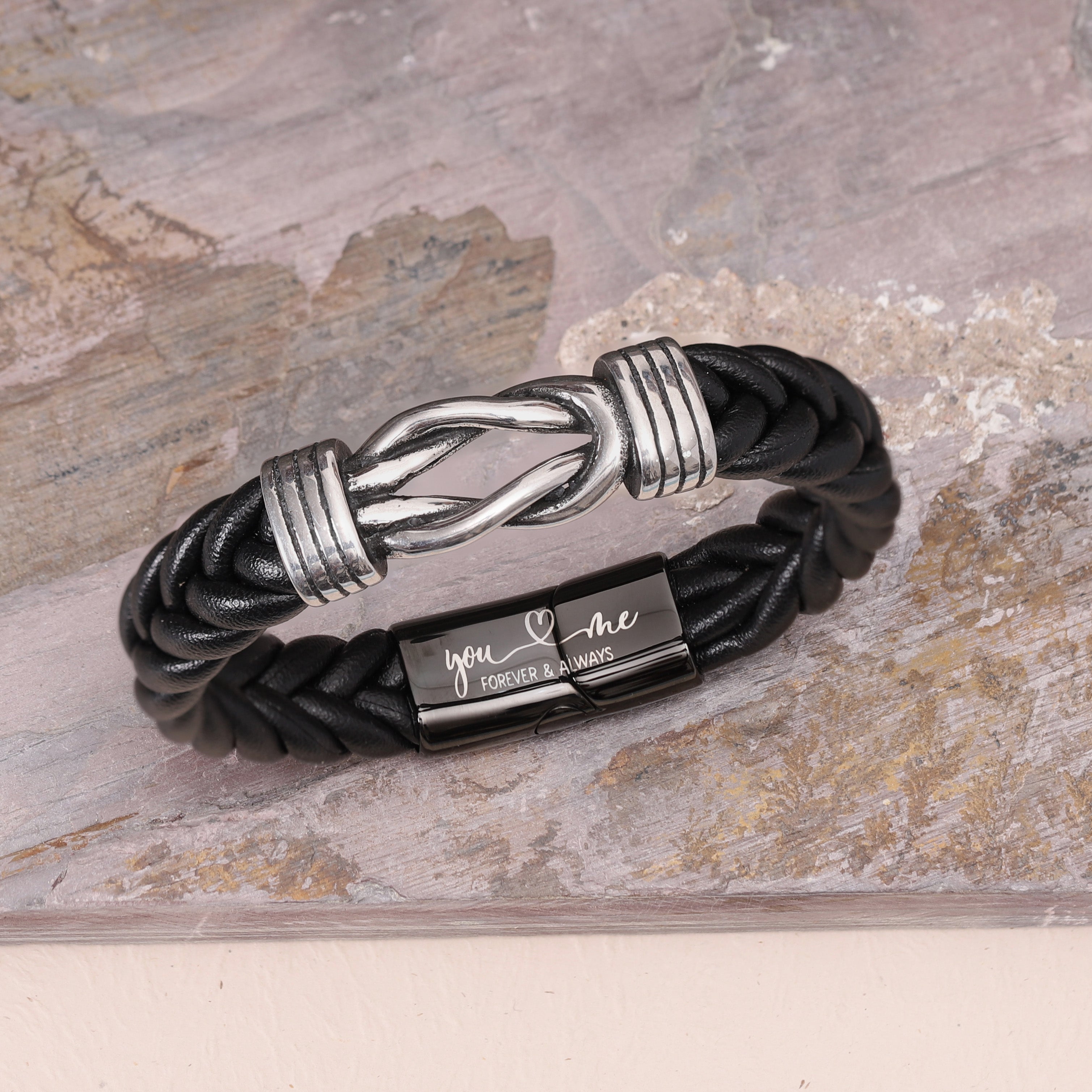 Blue Leather Infinity Knot Bracelet with Custom Engraving