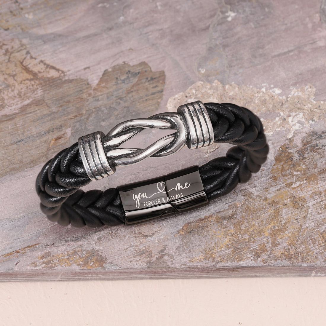 Blue Leather Infinity Knot Bracelet with Custom Engraving