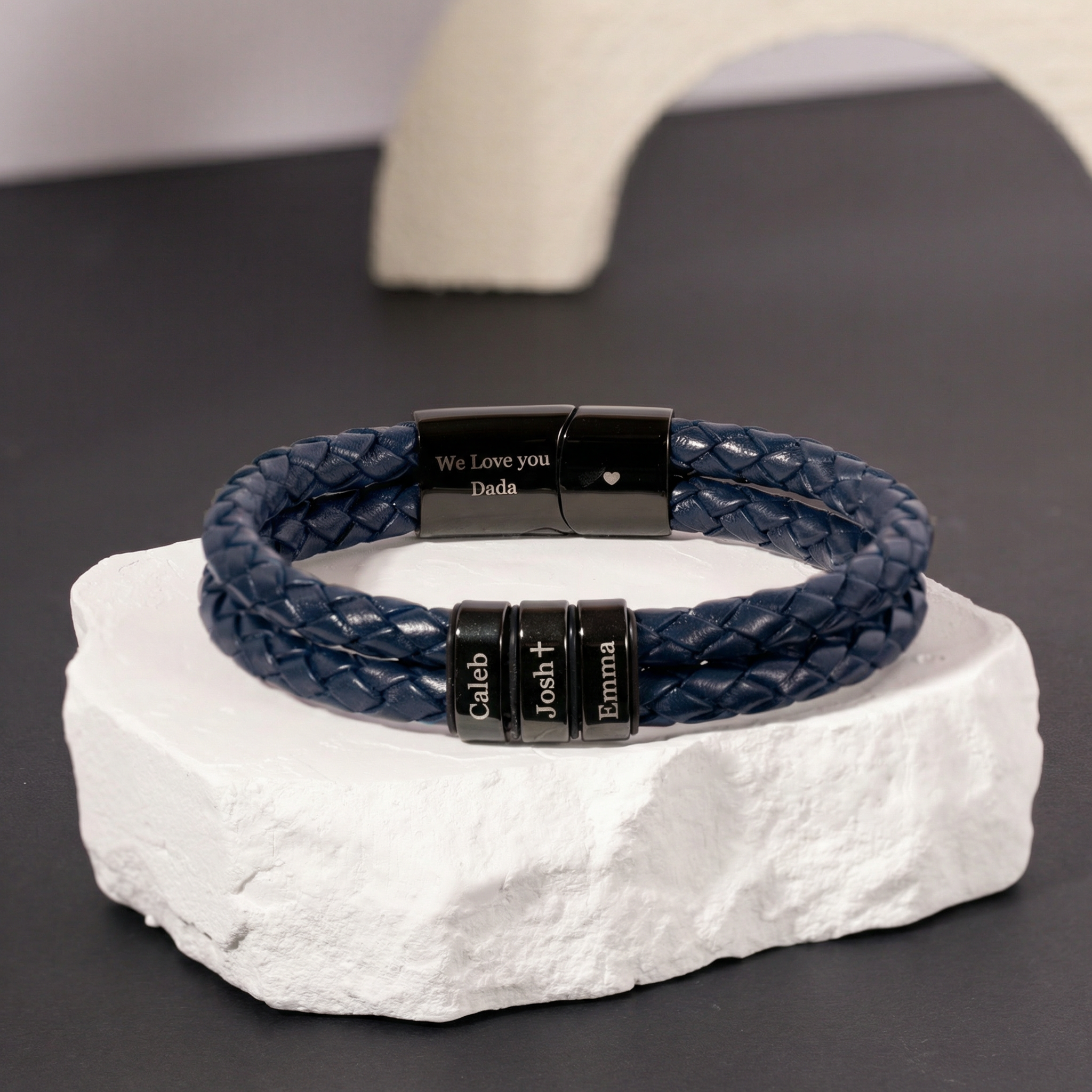 Men's Leather Bracelet with Family Names - Blue