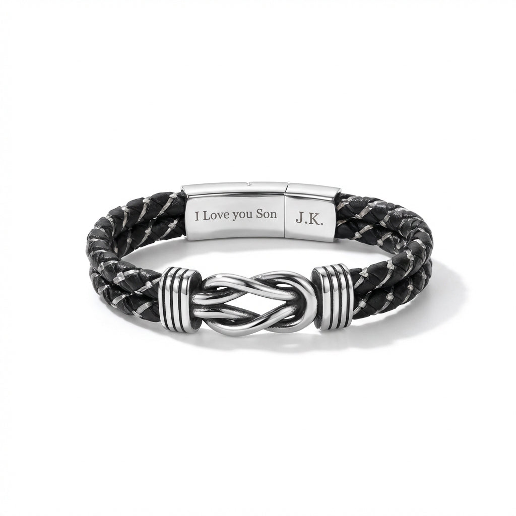 Personalized Infinity Knot Leather Bracelet - Silver Braided