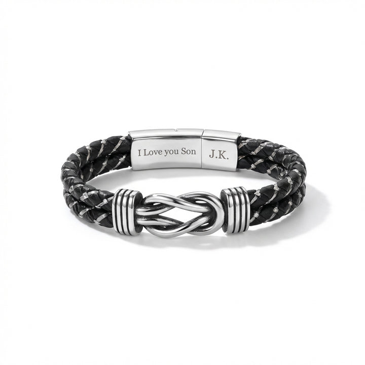 Personalized Infinity Knot Leather Bracelet - Silver Braided
