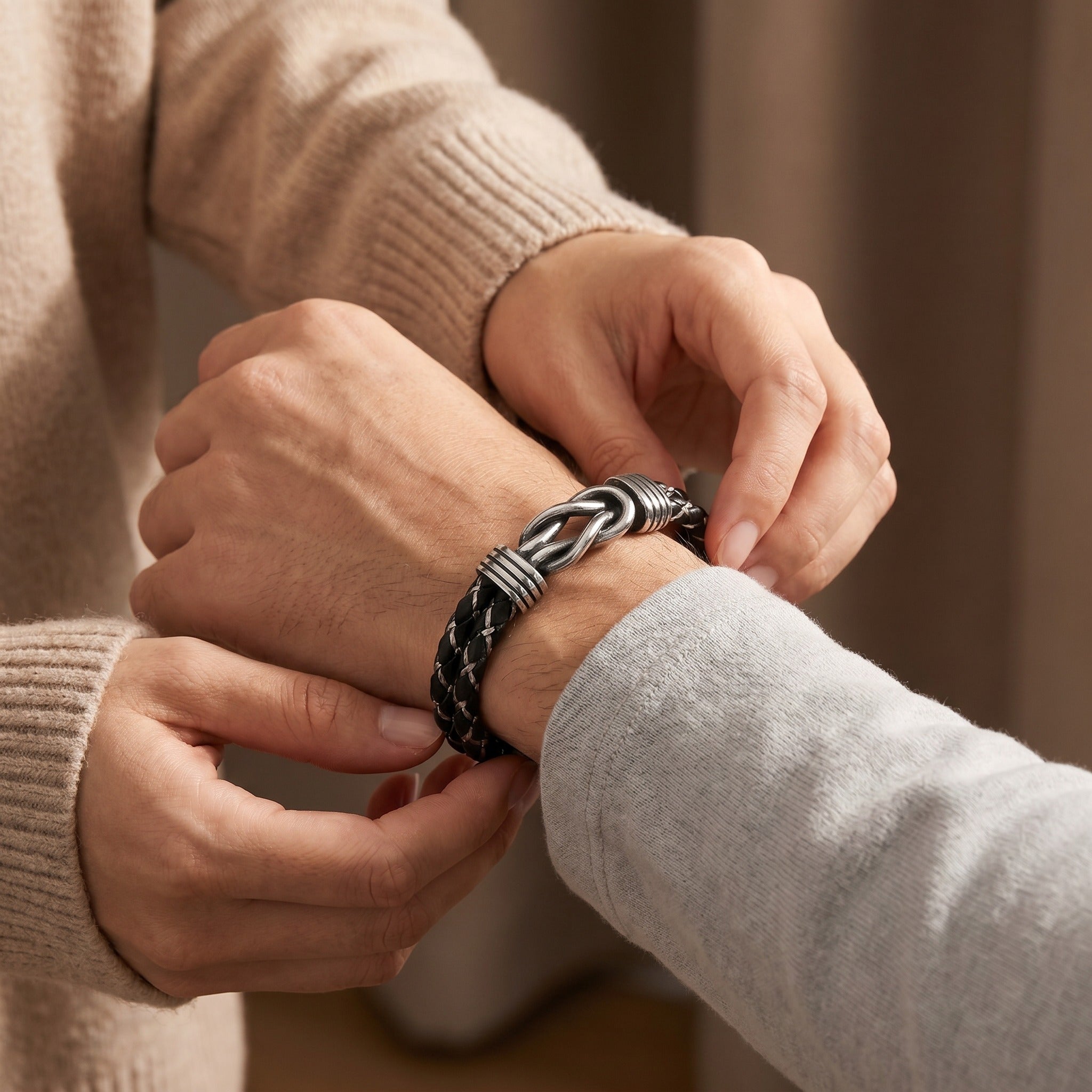 Personalized Infinity Knot Leather Bracelet - Silver Braided