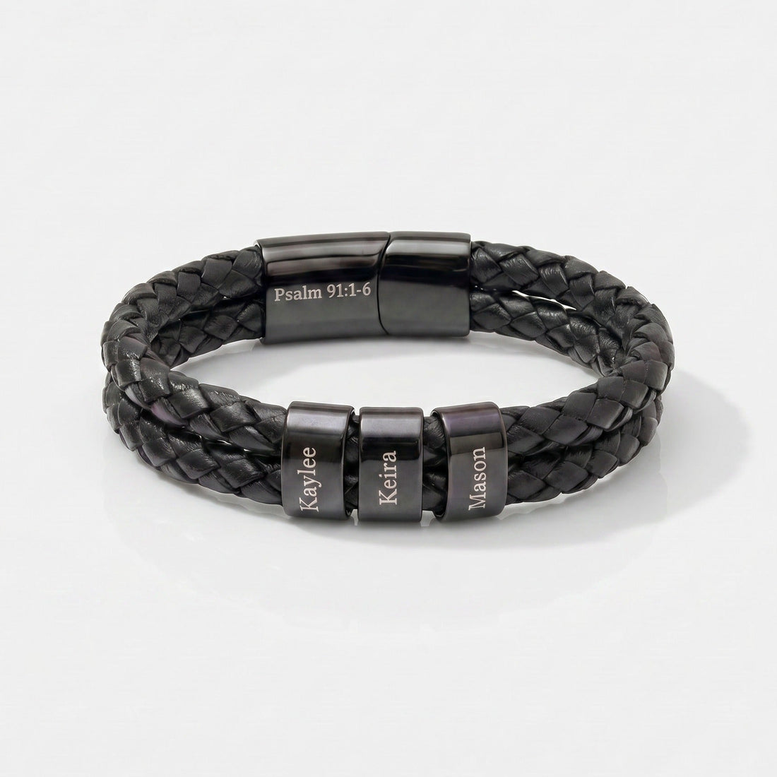 Black braided leather bracelet with engraved names on a white background