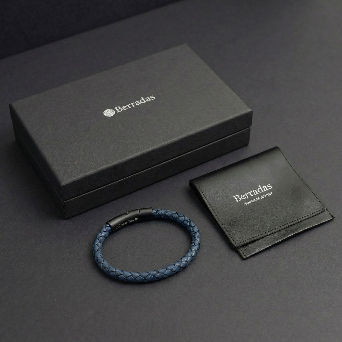 Custom Men’s Leather Bracelet with Hidden Engraving - Blue