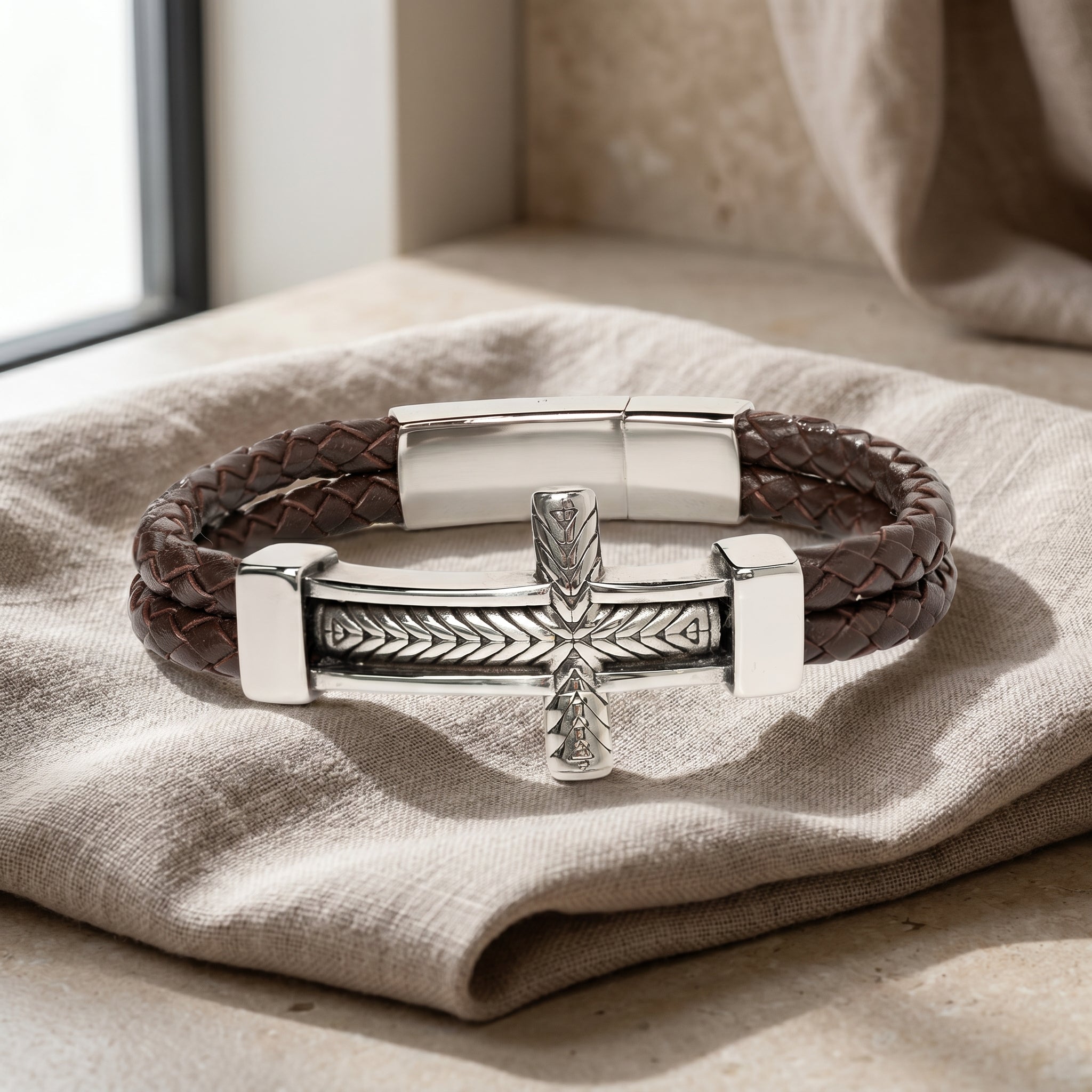 Engraved Men’s Cross Leather Bracelet – Personalized Christian Gift