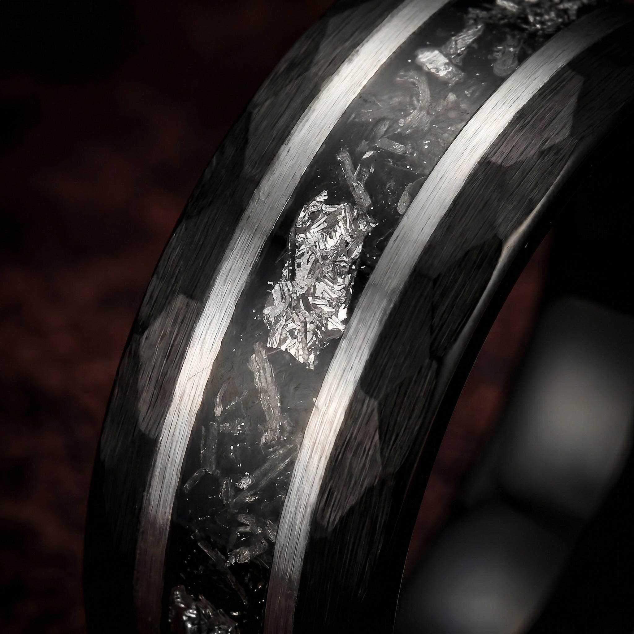 Men’s Black Tungsten Meteorite Ring with Brushed Silver Inlay