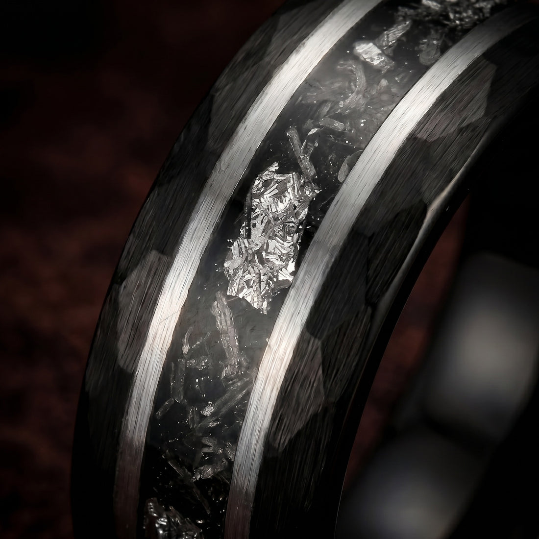 Men’s Black Tungsten Meteorite Ring with Brushed Silver Inlay