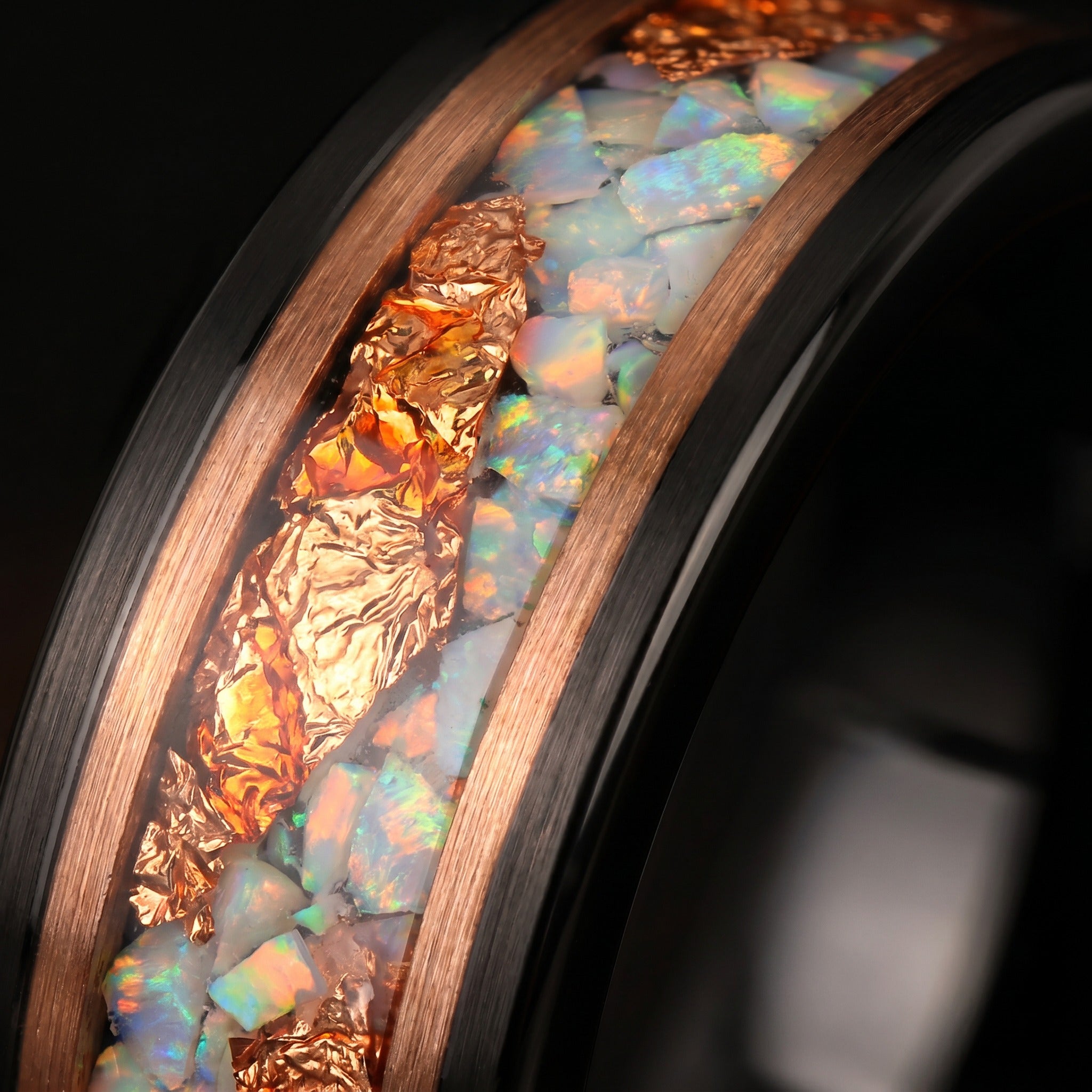 Black Tungsten Wedding Band with White Opal and Rose Gold Inlay