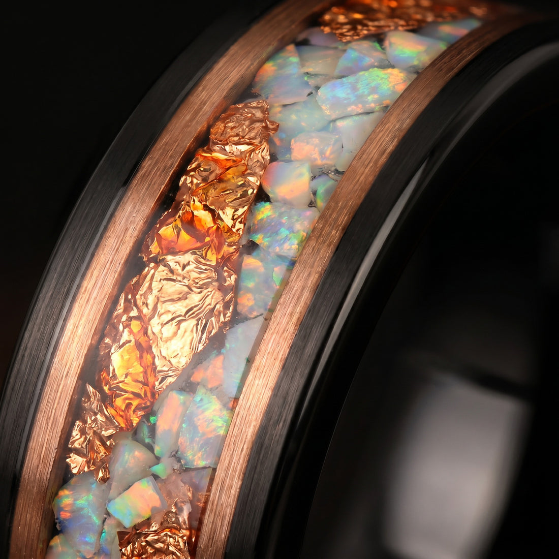 Black Tungsten Wedding Band with White Opal and Rose Gold Inlay