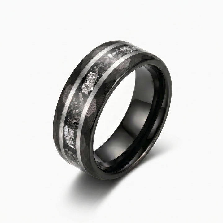 Men’s Black Tungsten Meteorite Ring with Brushed Silver Inlay