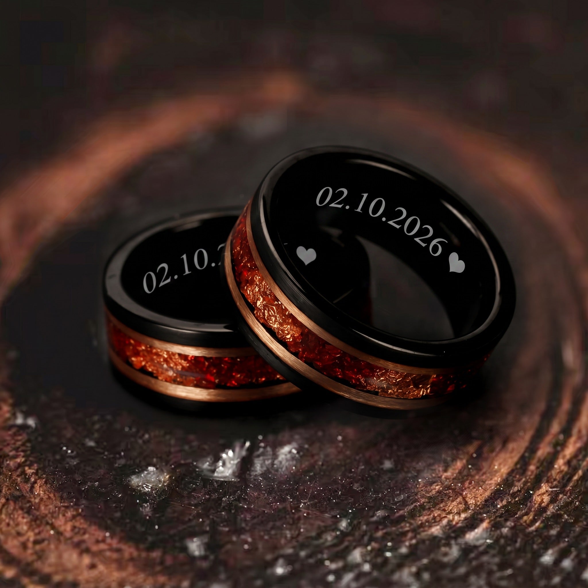 Red Opal Black Tungsten Wedding Band with Rose Gold Inlay