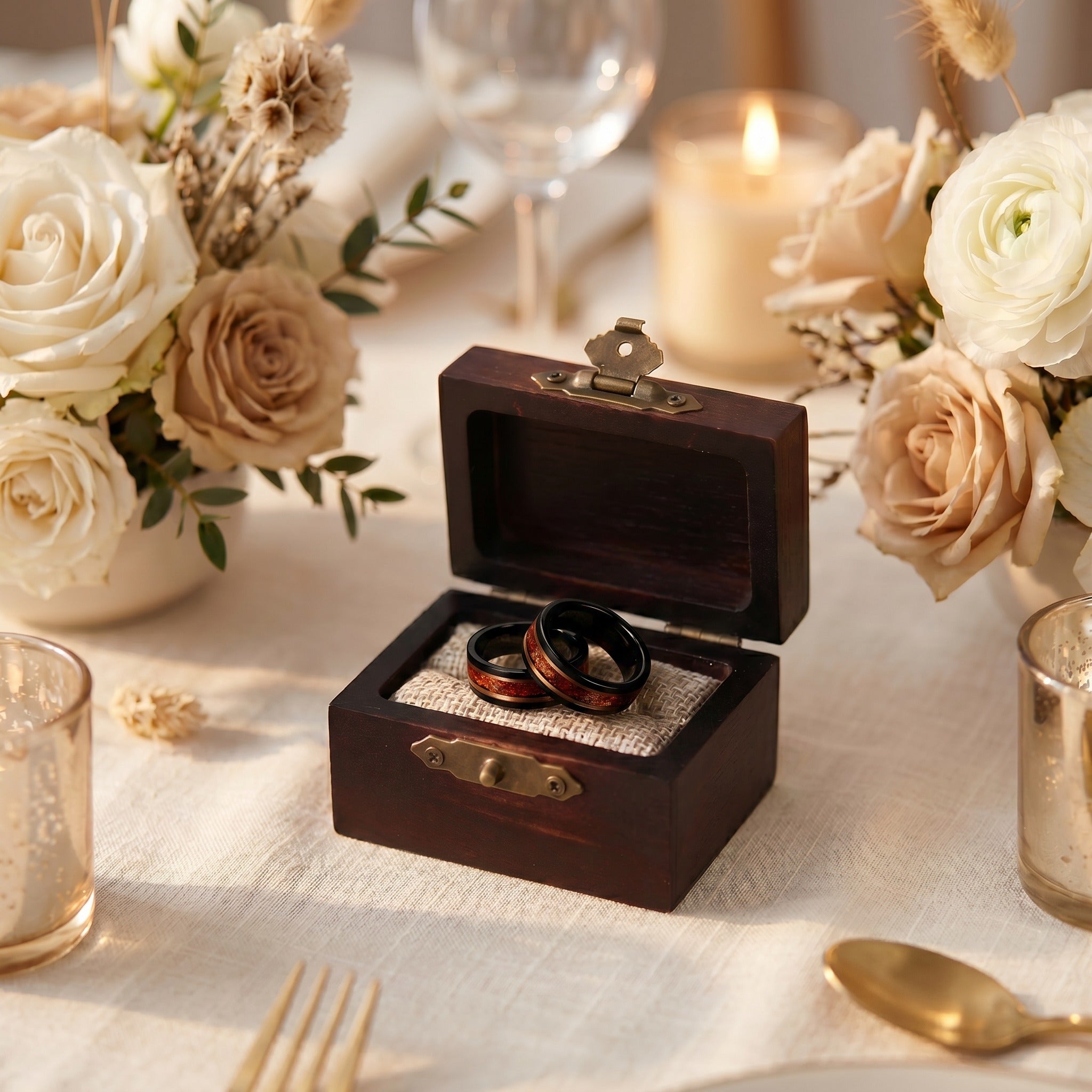 Red Opal Black Tungsten Wedding Band with Rose Gold Inlay