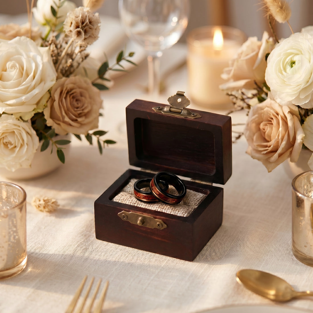 Red Opal Black Tungsten Wedding Band with Rose Gold Inlay