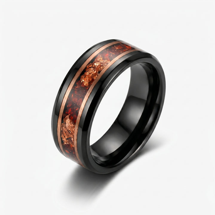 Red Opal Black Tungsten Wedding Band with Rose Gold Inlay