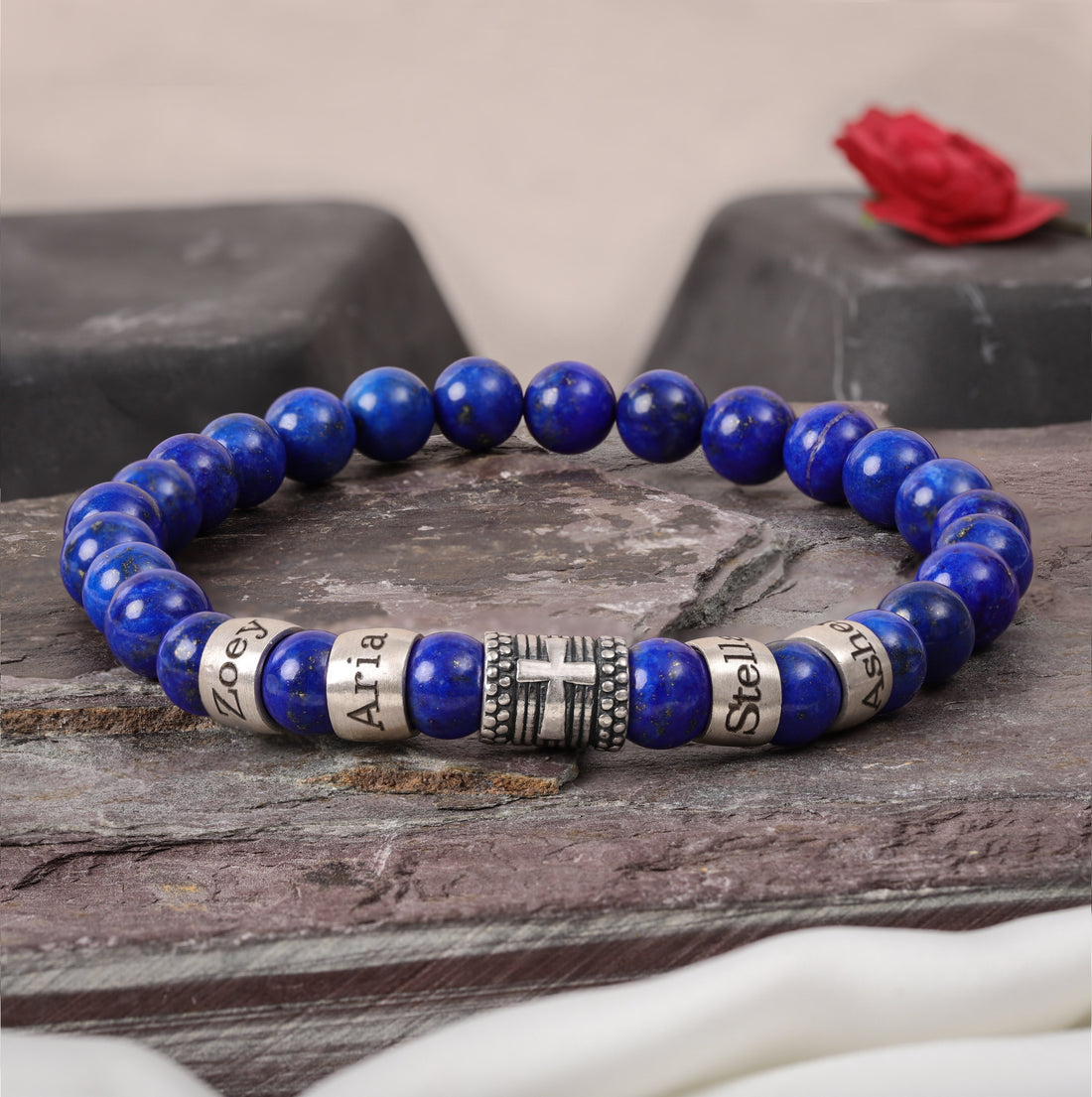 Custom lapis lazuli bracelet with family name engravings, perfect gift for men, dad, or husband.
