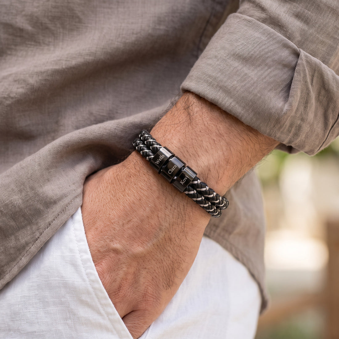 Men’s Personalized Leather Bracelet with Family Names