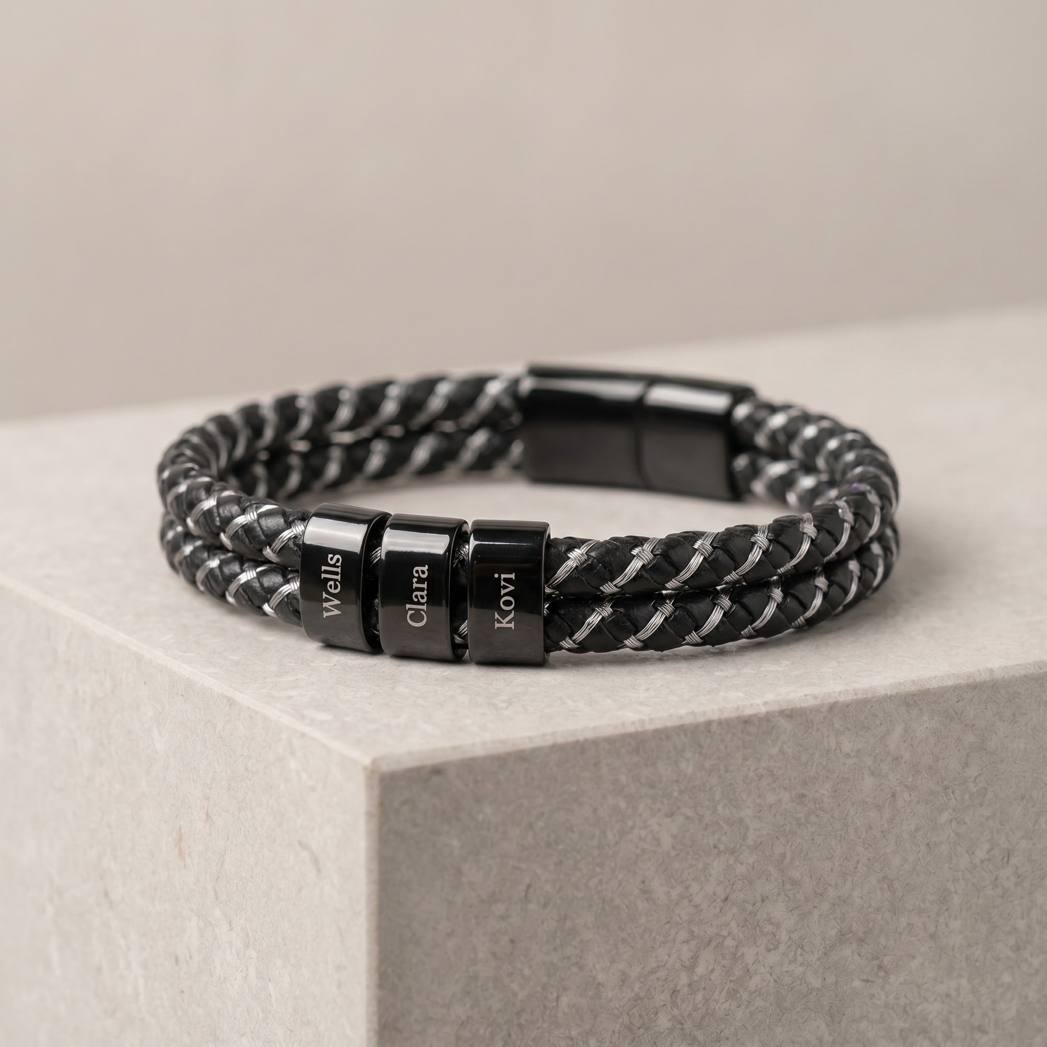 Custom Silver Braided Leather Bracelet with Family Names