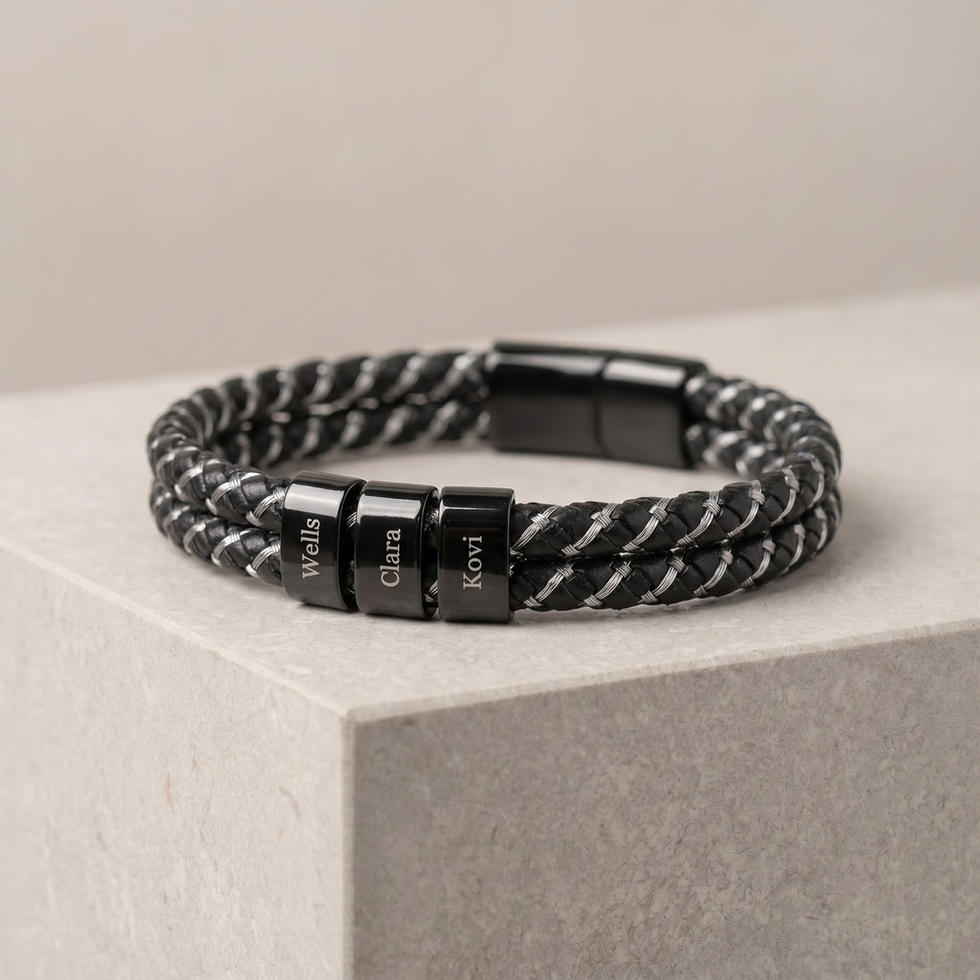 Custom Silver Braided Leather Bracelet with Family Names