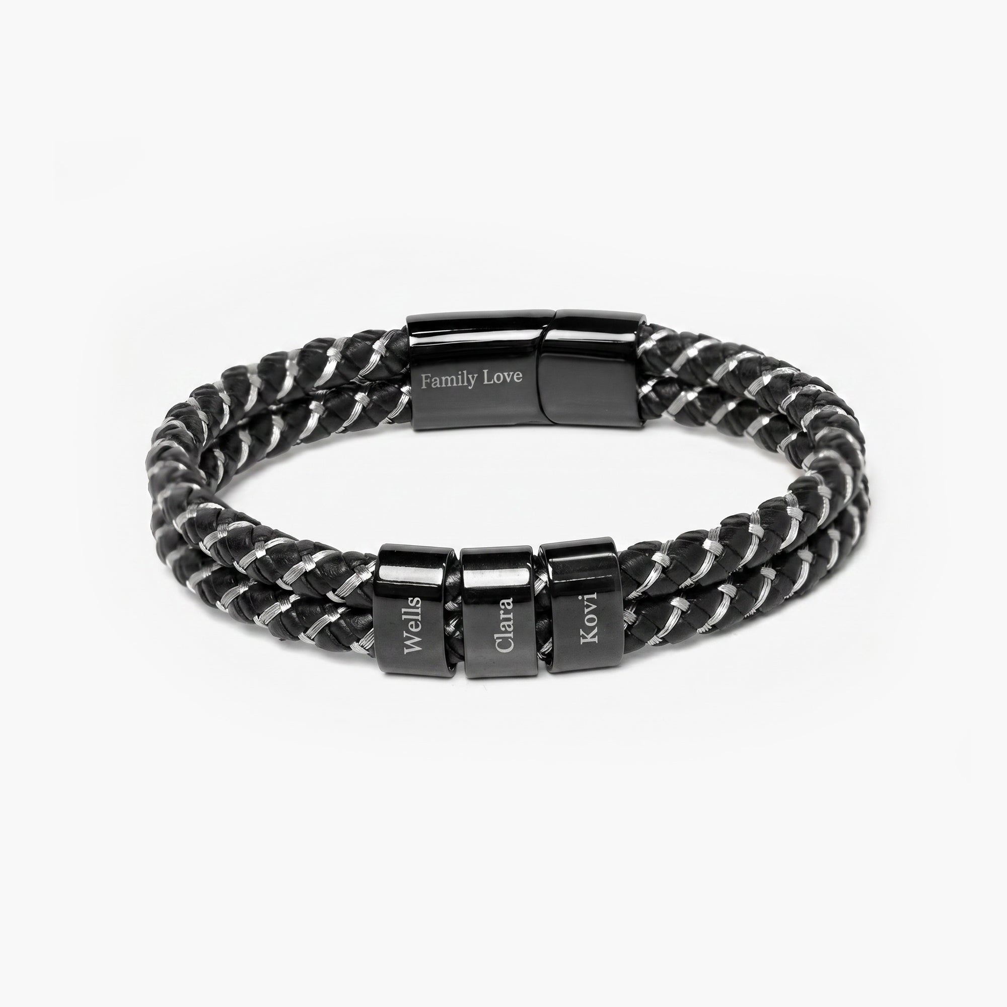 Black braided bracelet with engraved name charms on a white background