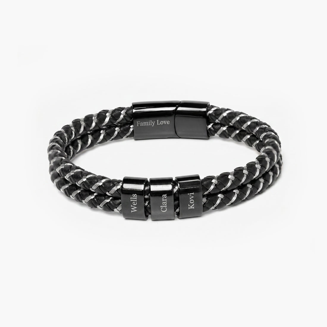 Black braided bracelet with engraved name charms on a white background