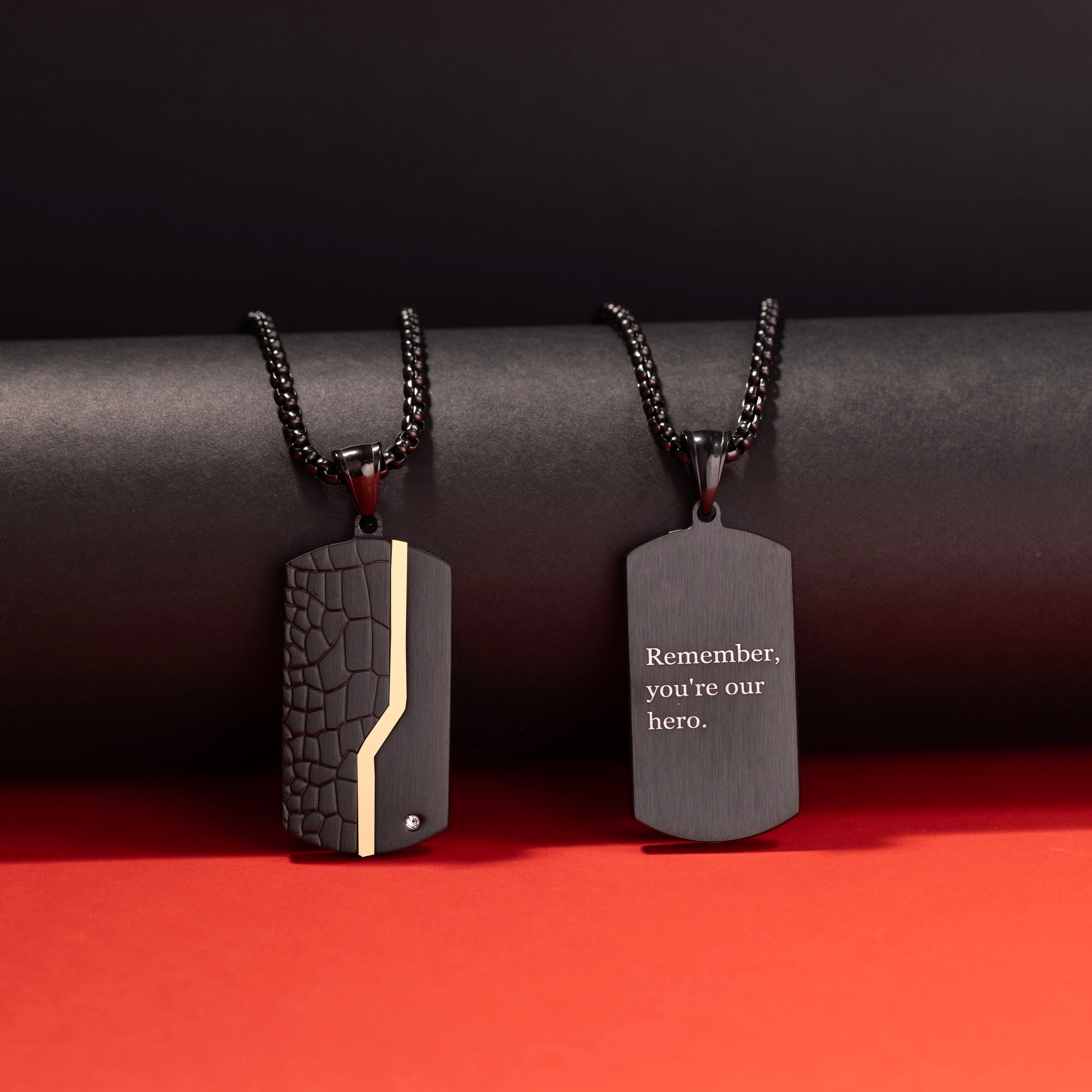 Men’s custom engraved necklace in Black and gold with personalized name pendant
