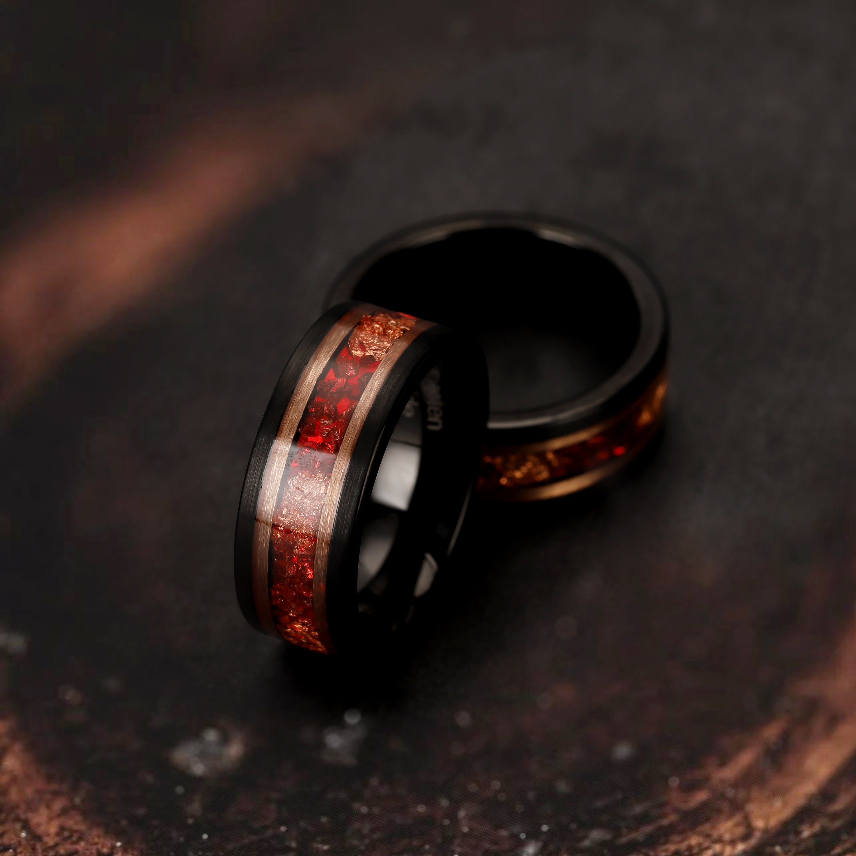 Red Opal Black Tungsten Wedding Band with Rose Gold Inlay