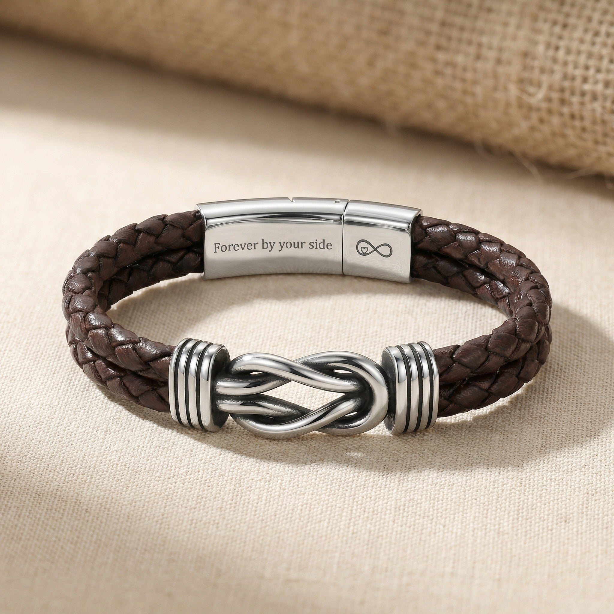 MEN Brown braided leather bracelet with silver metal clasp on a beige fabric background