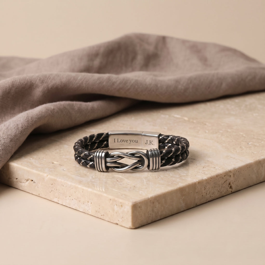 Personalized Infinity Knot Leather Bracelet - Silver Braided