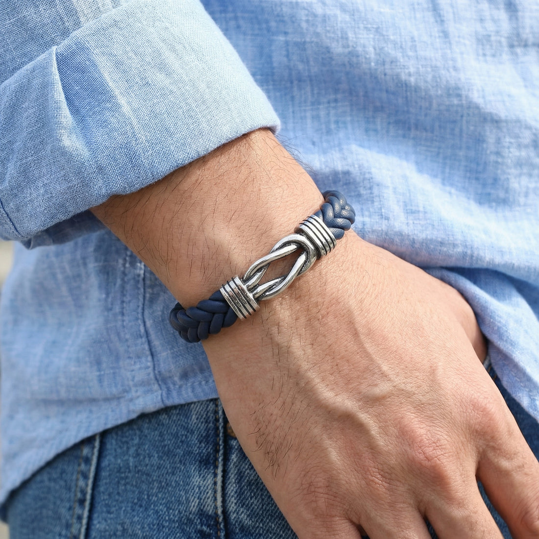 Braided Leather Knot Bracelet - Blue