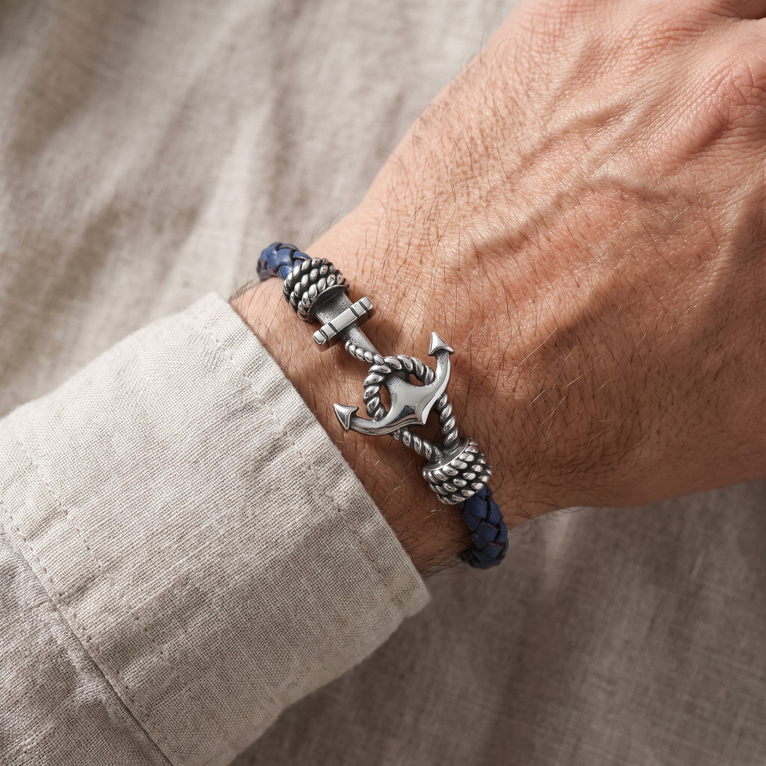 Men's Engraved Anchor Leather Bracelet - Blue