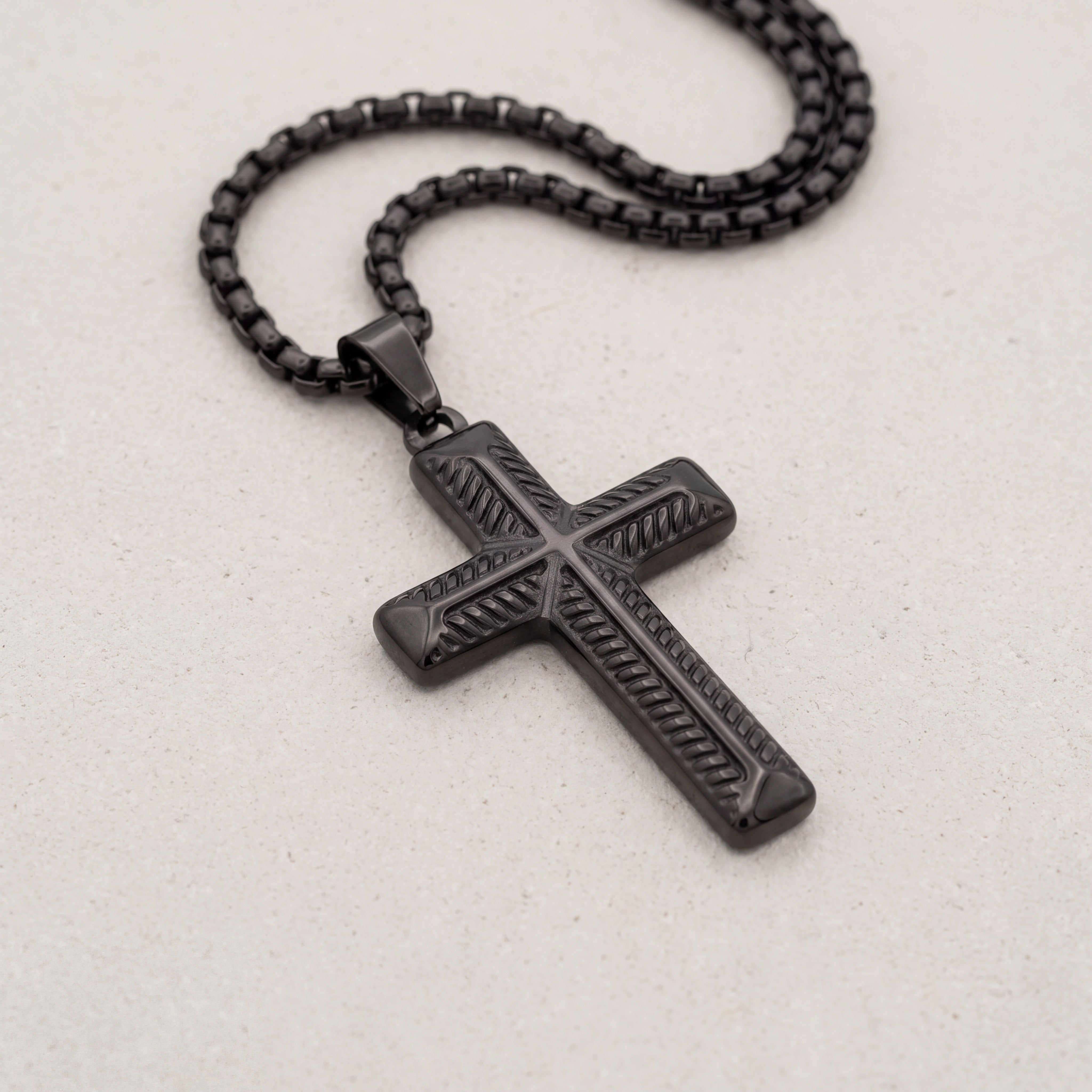 Men’s Black Cross Necklace with Custom Engraving