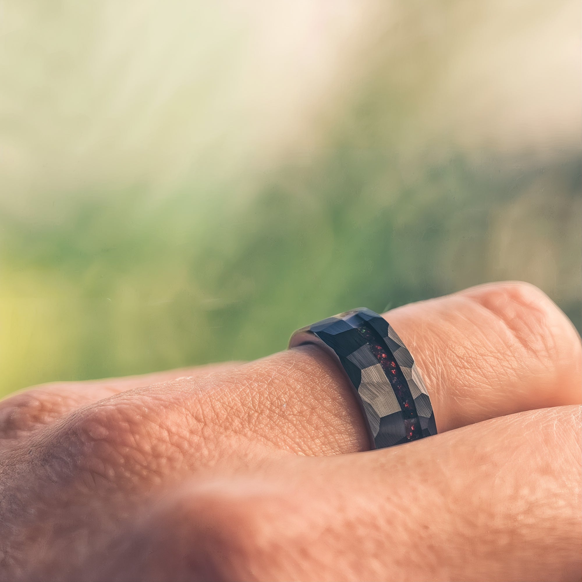 Personalized red opal engagement or wedding ring for him.