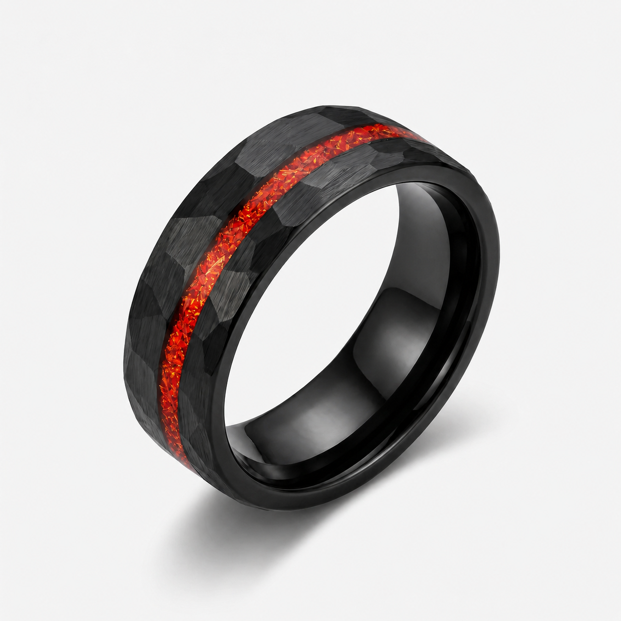 Black ring with red inlay on a light gray background
