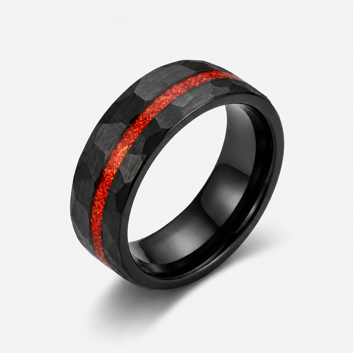 Black ring with red inlay on a light gray background