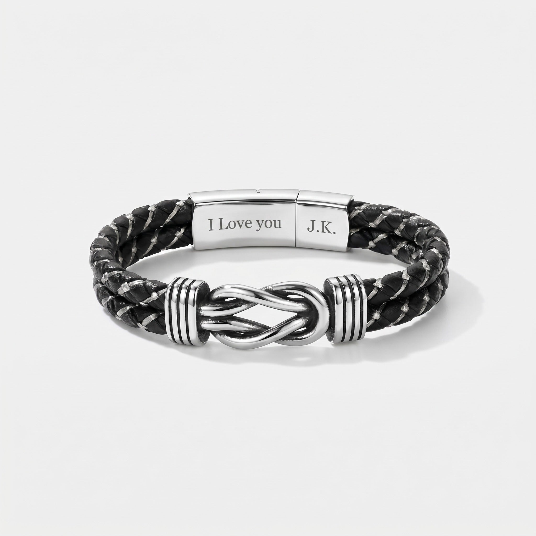 Personalized Infinity Knot Leather Bracelet - Silver Braided