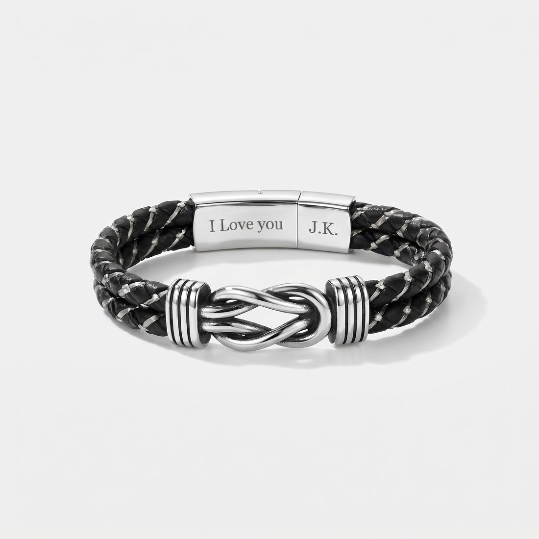 Personalized Infinity Knot Leather Bracelet - Silver Braided