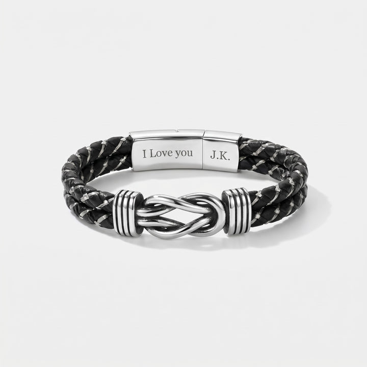 Personalized Infinity Knot Leather Bracelet - Silver Braided