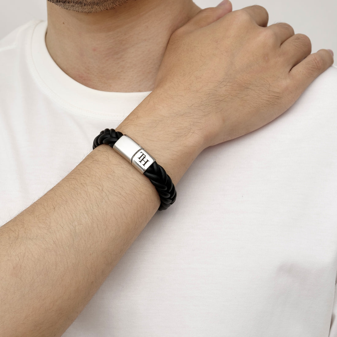 Men’s Leather Bracelet with Custom Initials - Silver