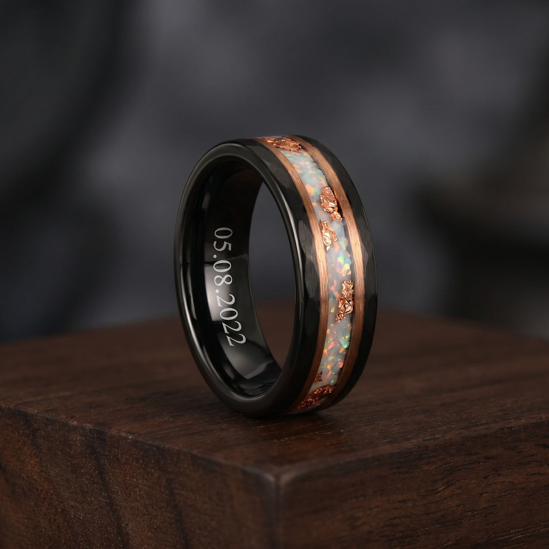 Black Tungsten Wedding Band with White Opal and Rose Gold Inlay