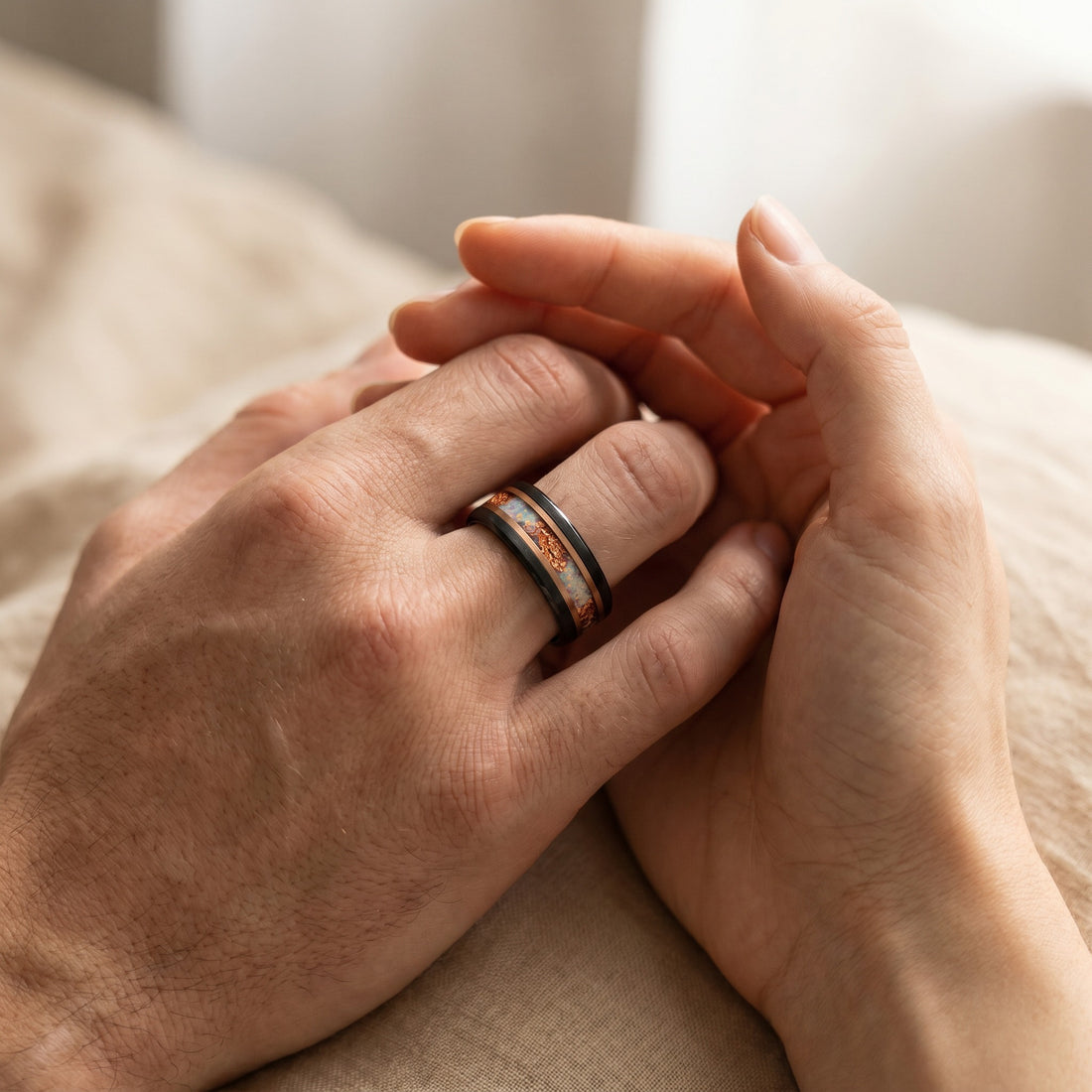 Black Tungsten Wedding Band with White Opal and Rose Gold Inlay
