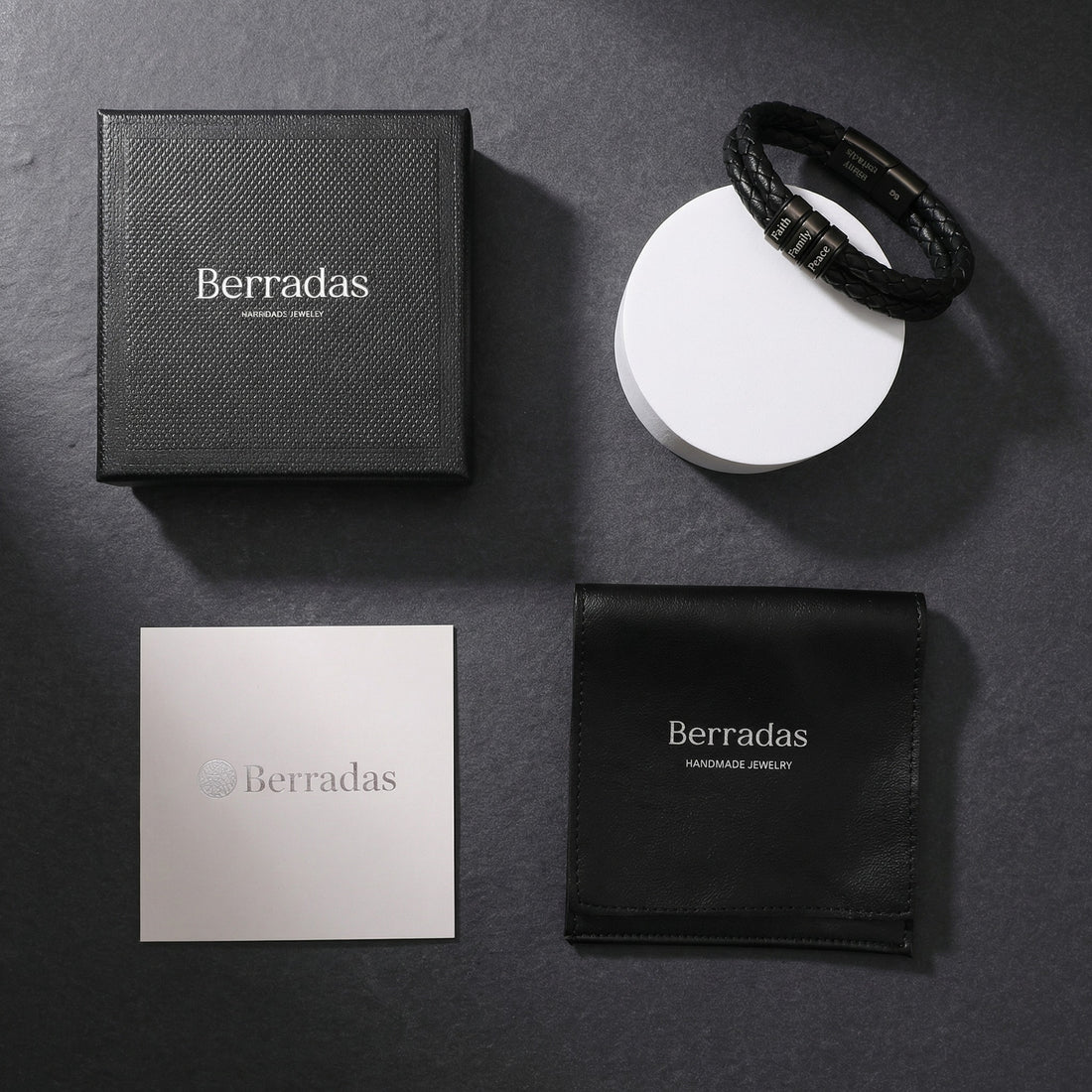 Men's Leather Bracelet with Family Names - Black