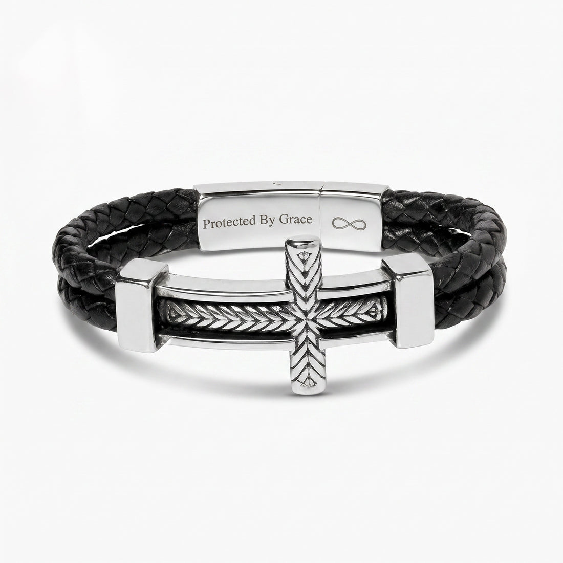 Black leather bracelet with silver clasp and cross design on a white background